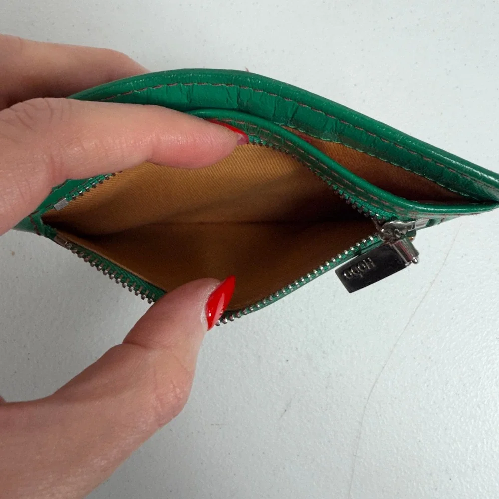 Hobo Euro Slide Card Case Holder Slim Zipper ID Window Green Leather Wallet
